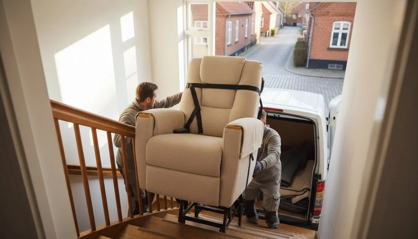 To flyttemænd bærer en løftestol ned ad en trappe mod en åben flyttevogn på en stille vej.