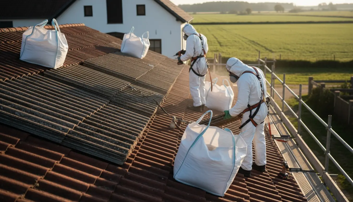 Arbejder i beskyttelsesdragt fjerner asbesttagplader fra et 45° stuehustag og lægger dem i store hvide bigbags.
