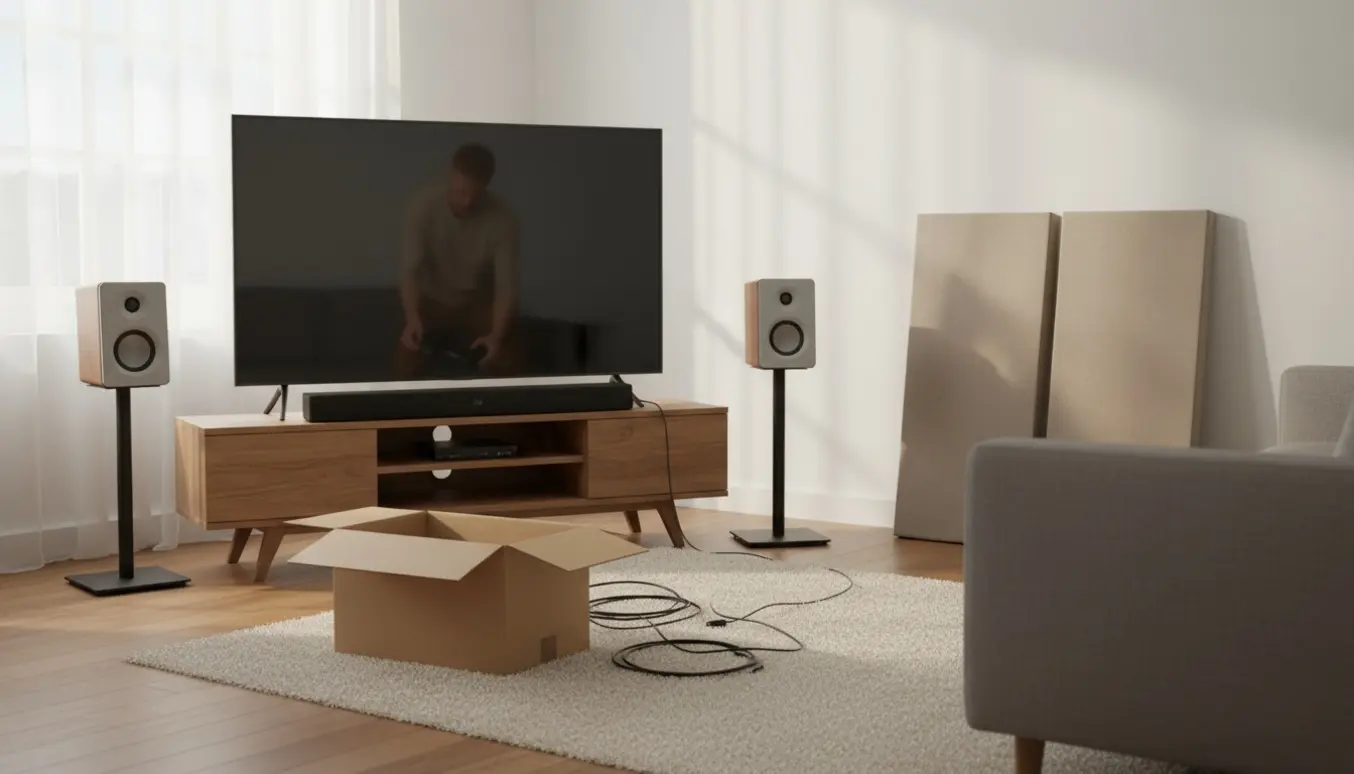 Stue med TV i hjørnet, soundbar foran, kabler og akustikpaneler klar til forbedret lyd.