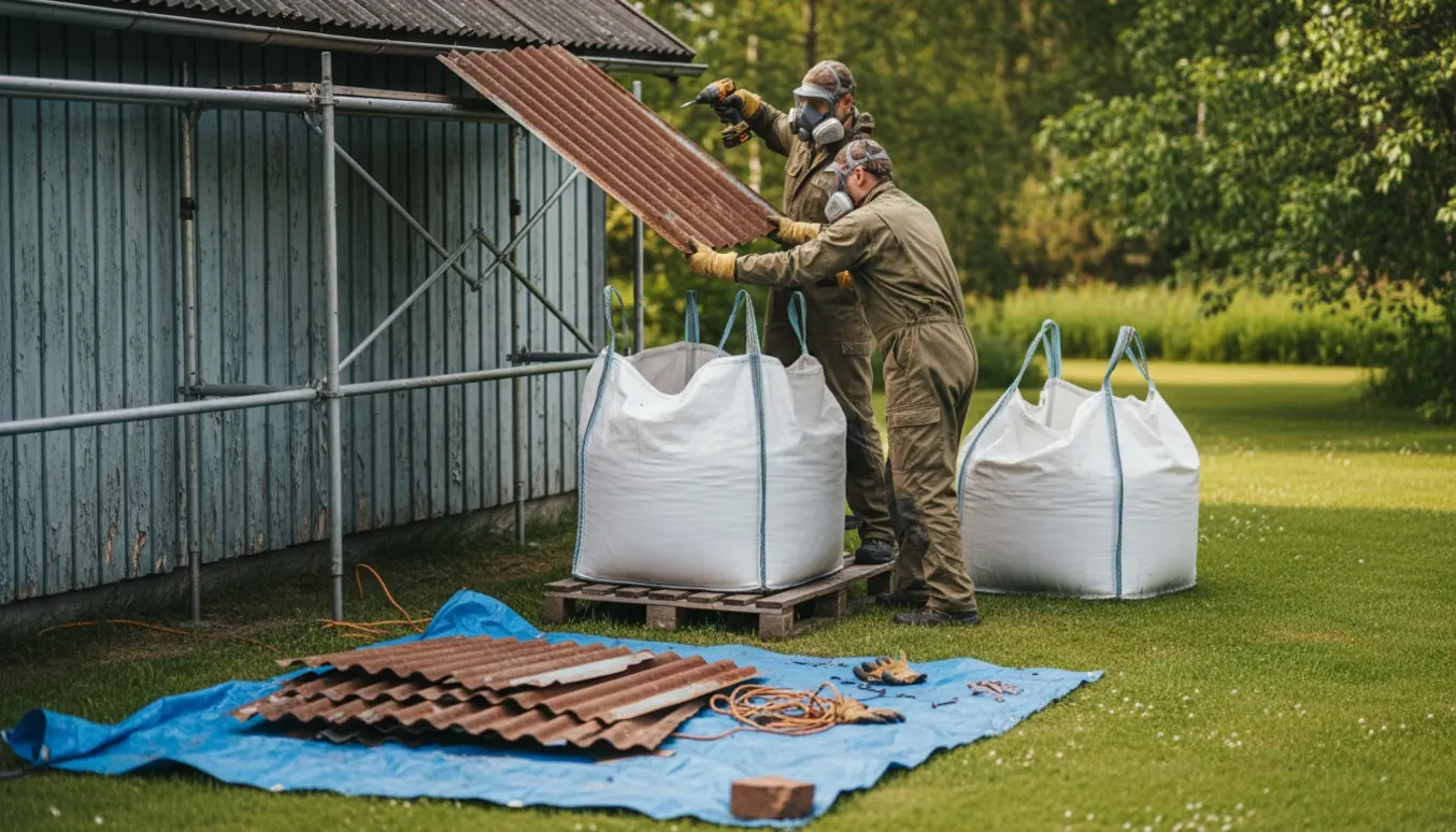 To hjælpere i værnedragter lægger tagplader i bigbags ved et sommerhus.