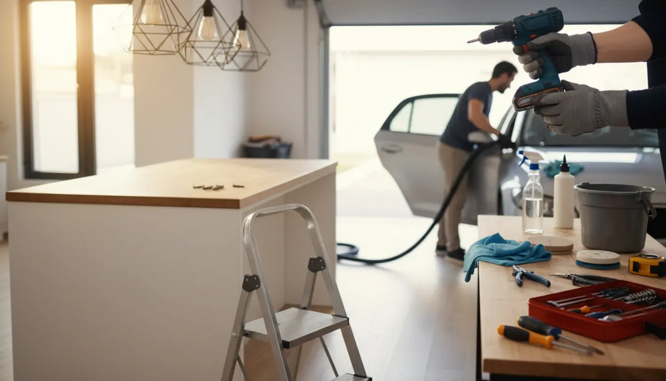 En handyman monterer en lampe i et lyst køkken med værktøj og rengøringsudstyr, mens en bil rengøres i garagen i baggrunden.