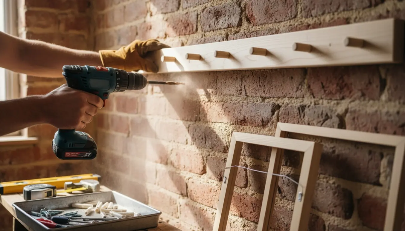 Hænder borer og monterer en knagerække på en murstensvæg med værktøj og rawlplugs.