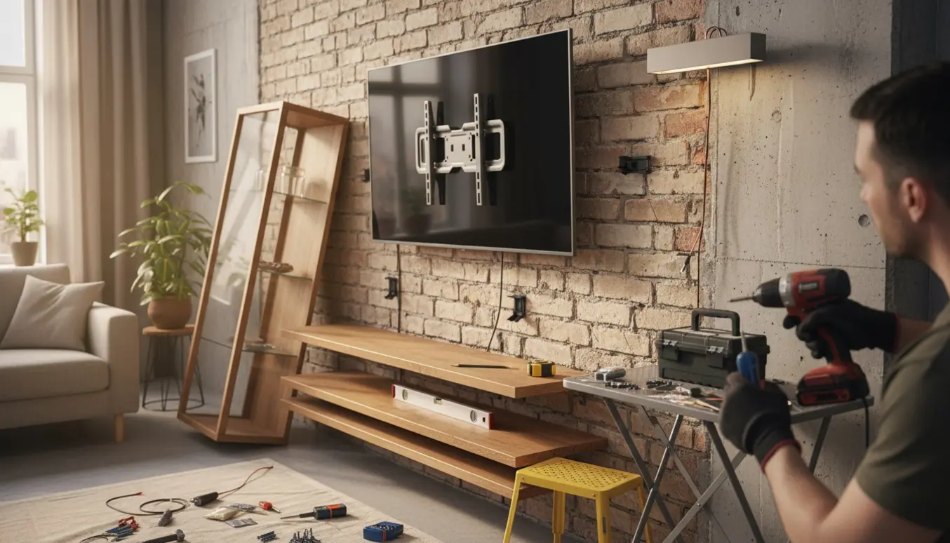 Montering af stort TV, vitrineskab og tre hylder på en murstensvæg, mens en væglampe udskiftes og værktøj ligger klar.