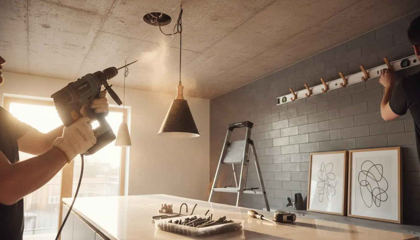 Montering af loftlampe i køkken med slagboremaskine, rawlplugs, skruer og værktøj.
