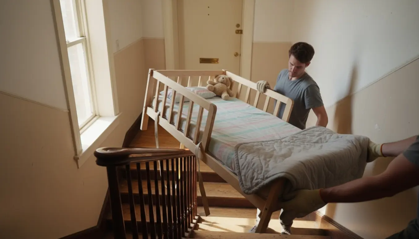 To personer bærer en børneseng ned ad en lejlighedstrappe, ansigter ikke synlige.