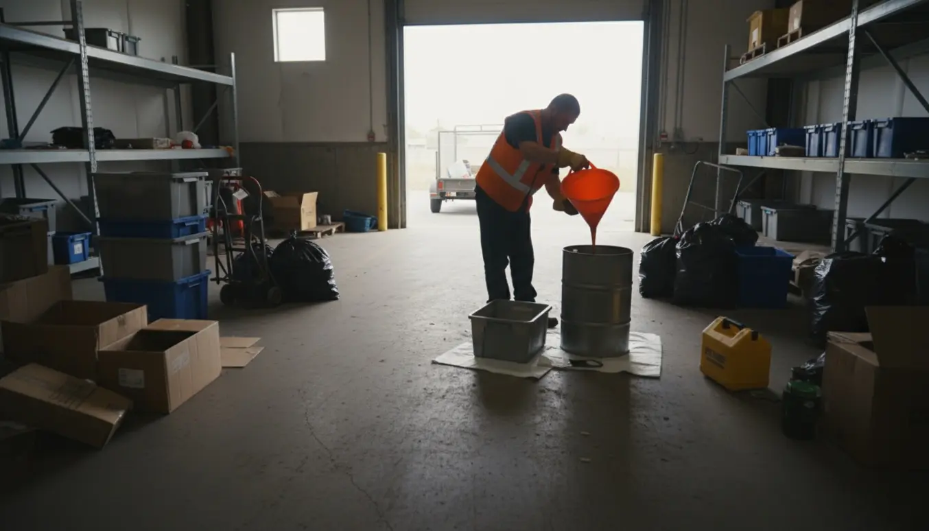 Halvtomt lager med åben port og en arbejder uden synligt ansigt, der hælder motorolie fra en stor balje i en lukket beholder.
