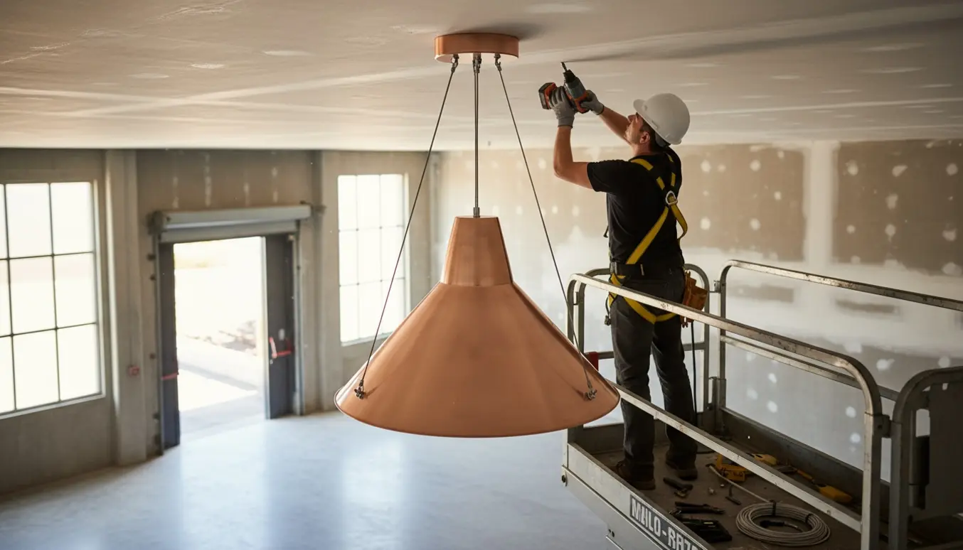 Installatør på sakselift hænger en stor konisk pendel fra loftet set bagfra uden synligt ansigt.