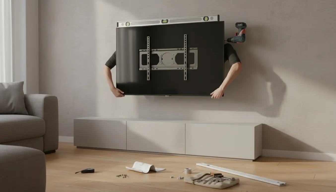 En person monterer et 65 tommer fladskærms-tv på en stuevæg med beslag og værktøj, ansigtet ikke synligt.