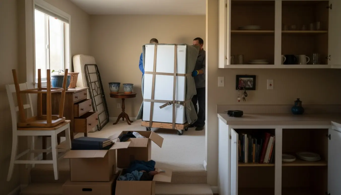 Delvist tømt hjem under rydning af dødsbo med fryser på tralle, kommode, stole og åbne skabe.