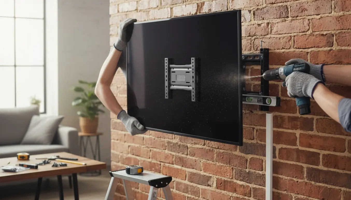 Montering af 50 tommers tv på en murstensvæg med beslag og værktøj.