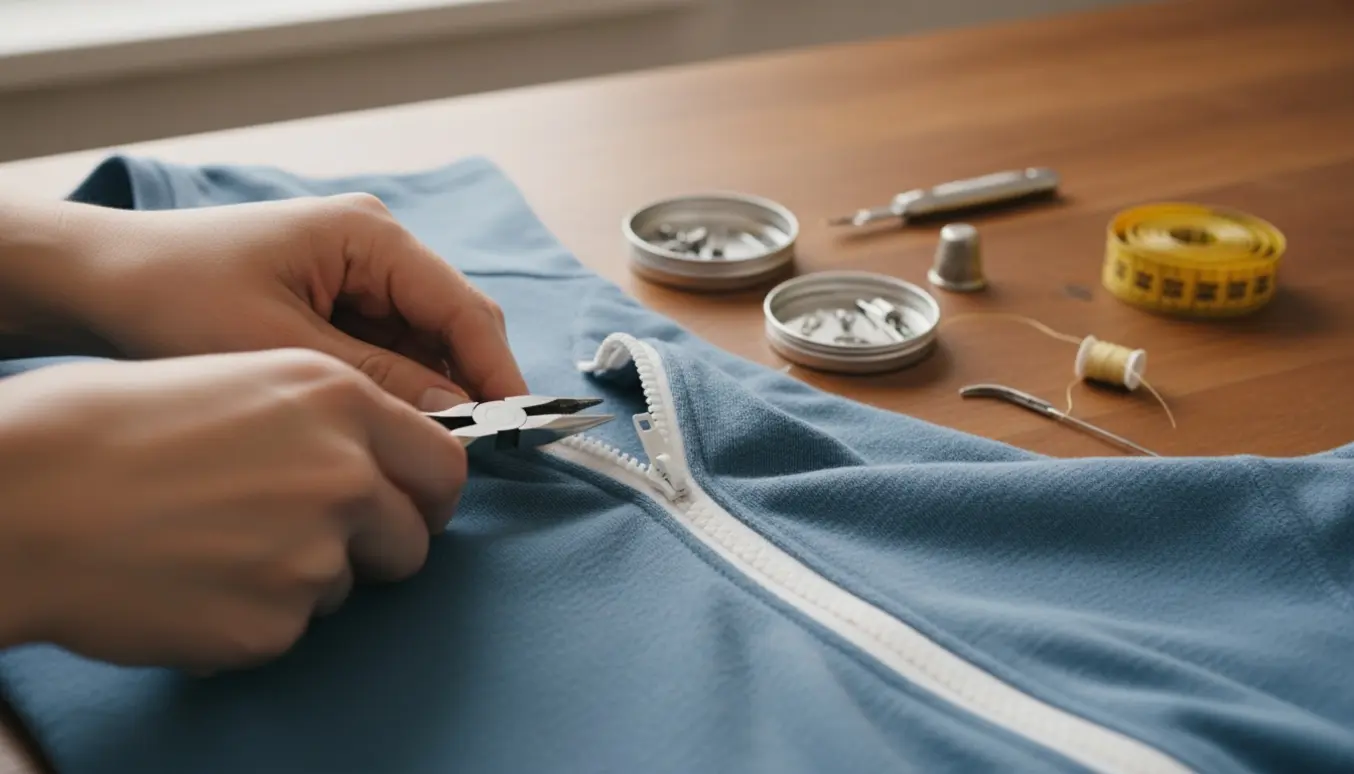 Nærbillede af hænder, der reparerer lynlåsen på en tyk bomuldsheldragt.