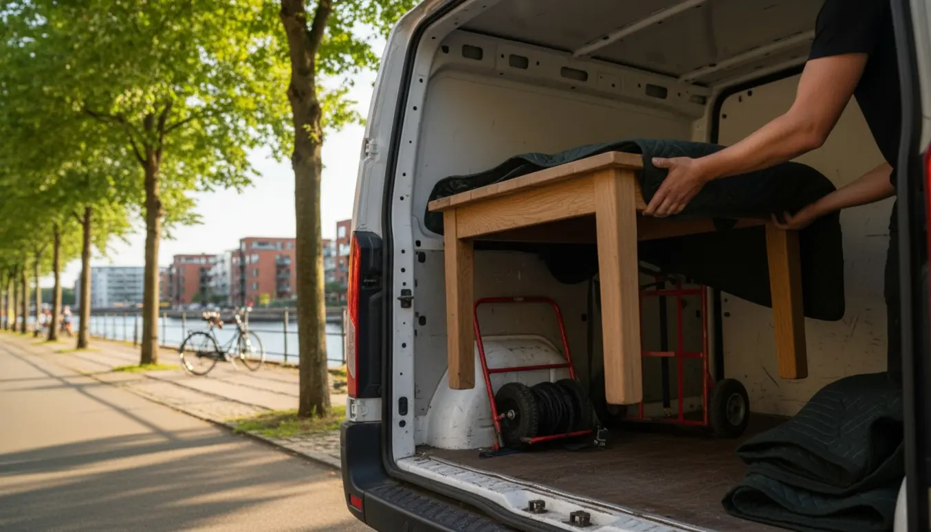 Et lille træbord læsses ind i en varevogn på en solrig forstadsgade med havnefront i baggrunden.