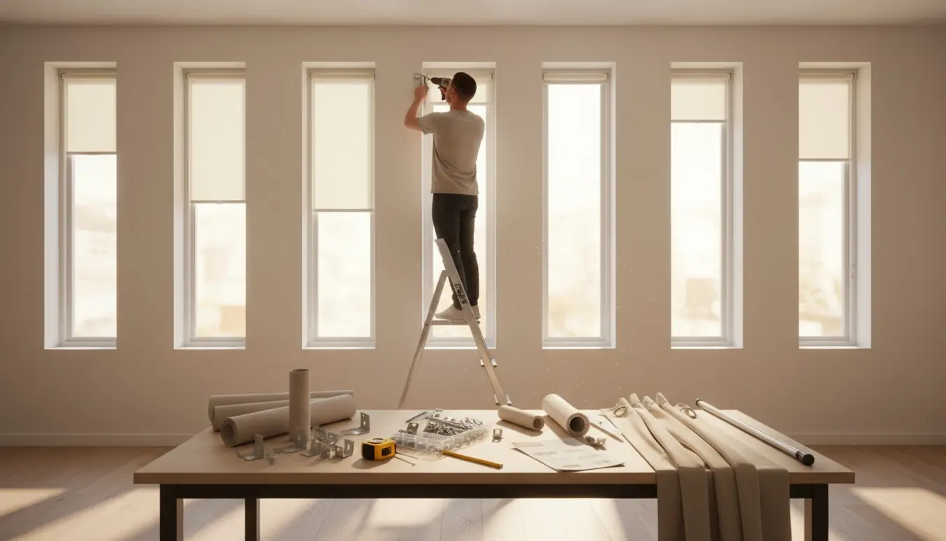 Syv rullegardiner monteres langs en række vinduer med værktøj og en gardinstang klar i et lyst rum.