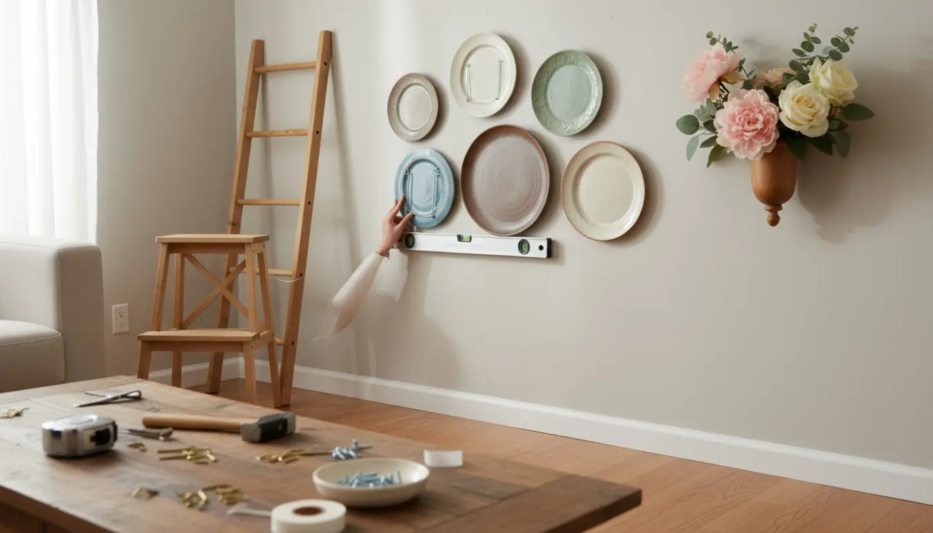 Hænder monterer otte dekorative tallerkener og en væghængt blomsteropsats i en lys stue.