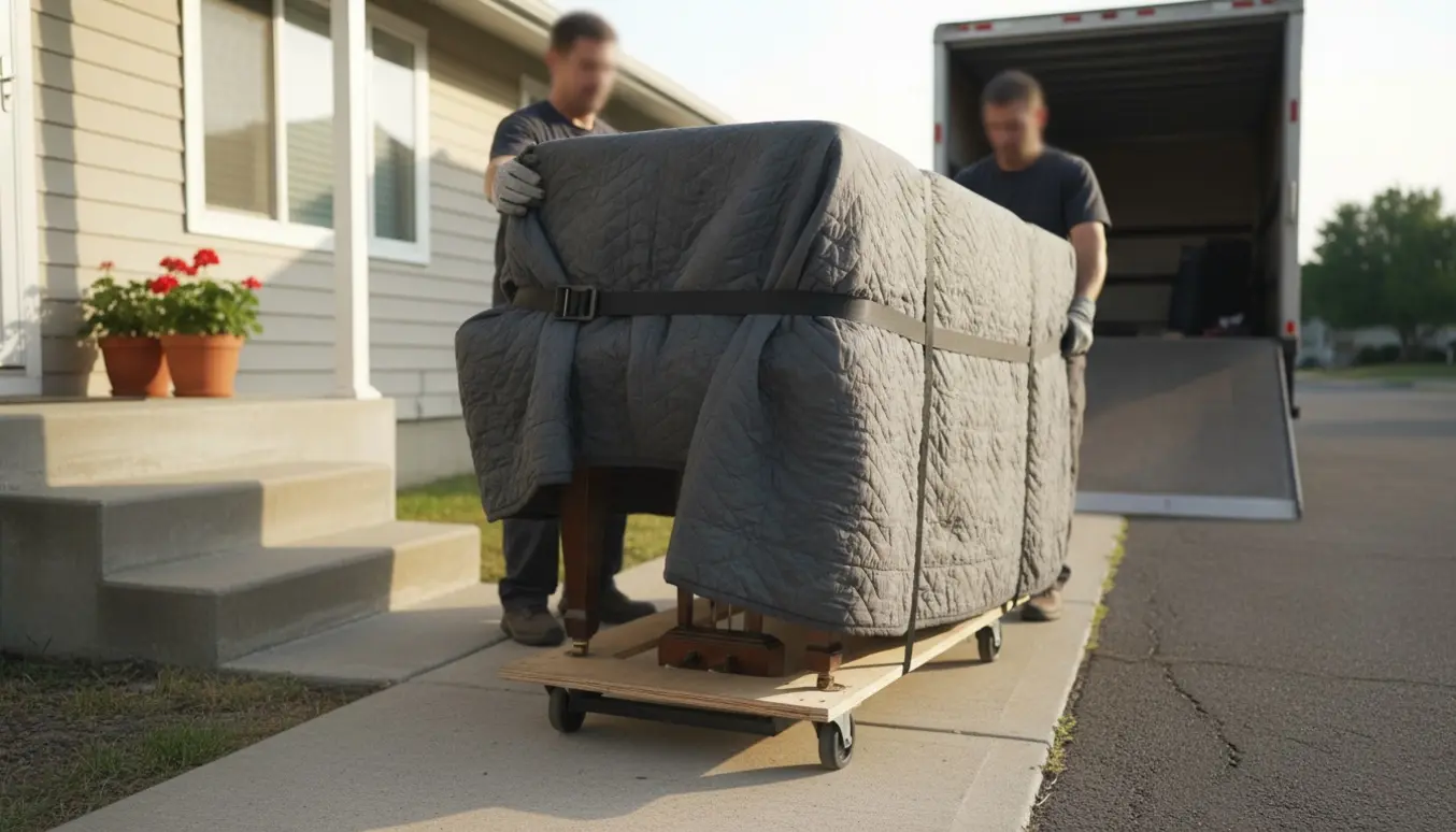 Et akustisk klaver pakkes i flyttetæpper og trækkes ud af et enplanshus over små trappetrin med en dolly.