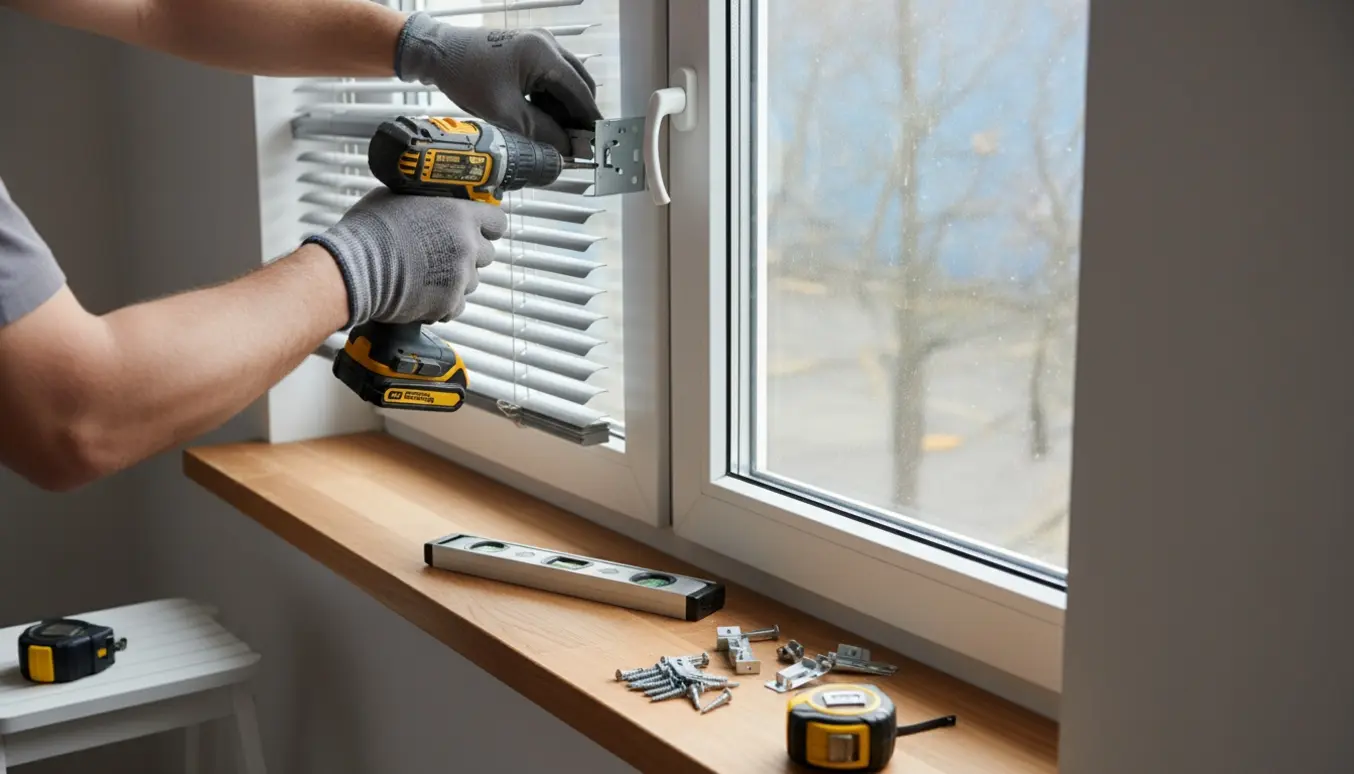 Hænder monterer persienner i en ny hvid vinduesramme med boremaskine og vaterpas.