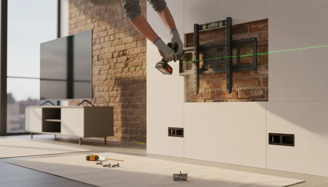 Montering af et 65 tommers tv på en Fermacell-plade foran en murstensvæg med værktøj og arbejdende hænder.