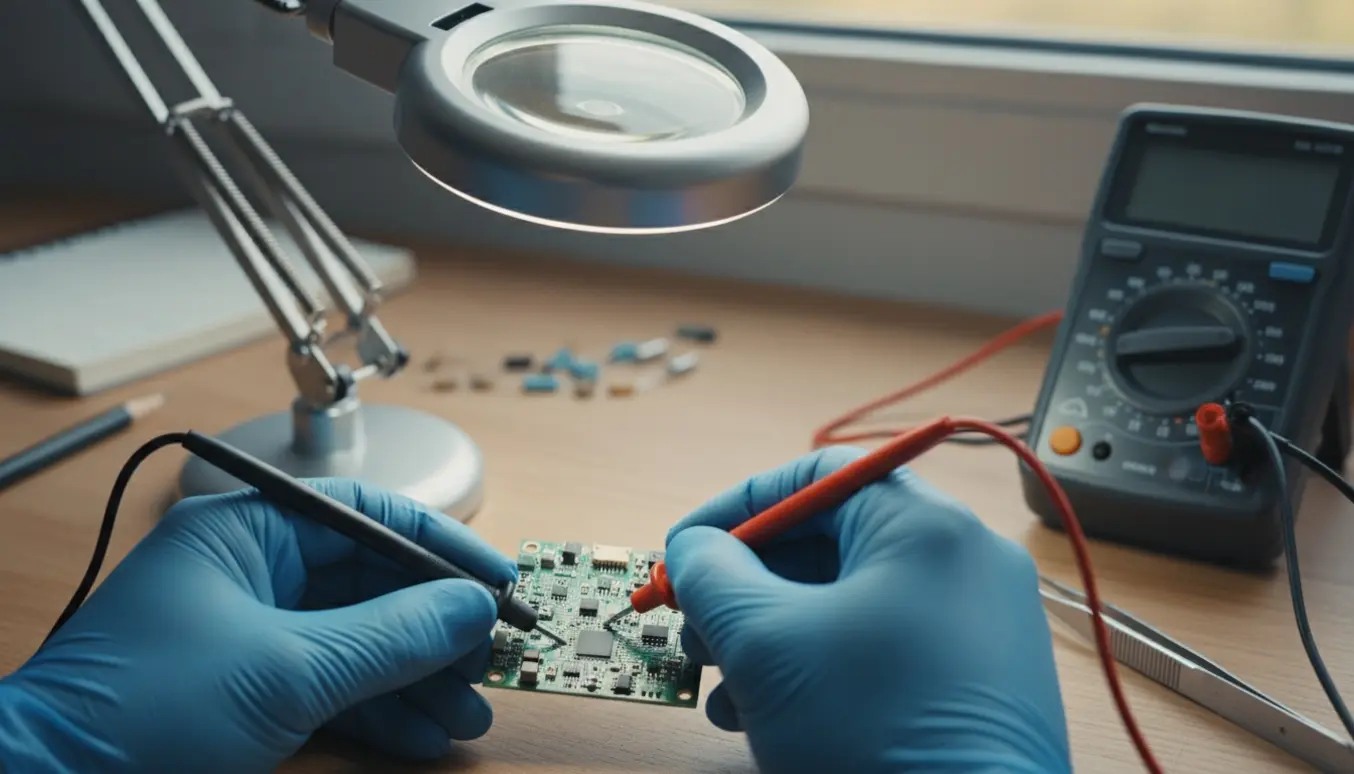 Nærbillede af værktøj og hænder, der tester et kredsløbskort med multimeter på et rent arbejdsbord.