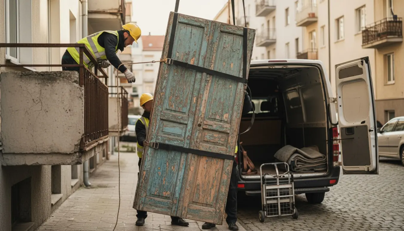 Gammel dør bæres ned fra fjerde sal og læsses i en varevogn ved fortovet.
