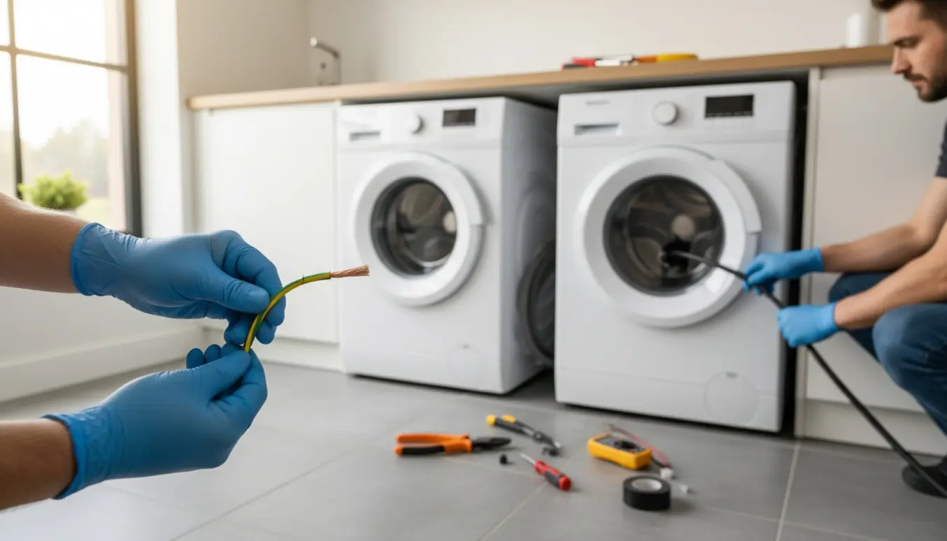 Hænder i isolerede handsker tilslutter en jordleder til en vaskemaskines jordklemme, mens et strømkabel forberedes til en opvaskemaskine.