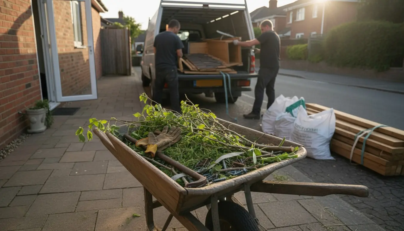 Lastning af haveaffald og rester af et legehus i en lastbil ved husets indkørsel.