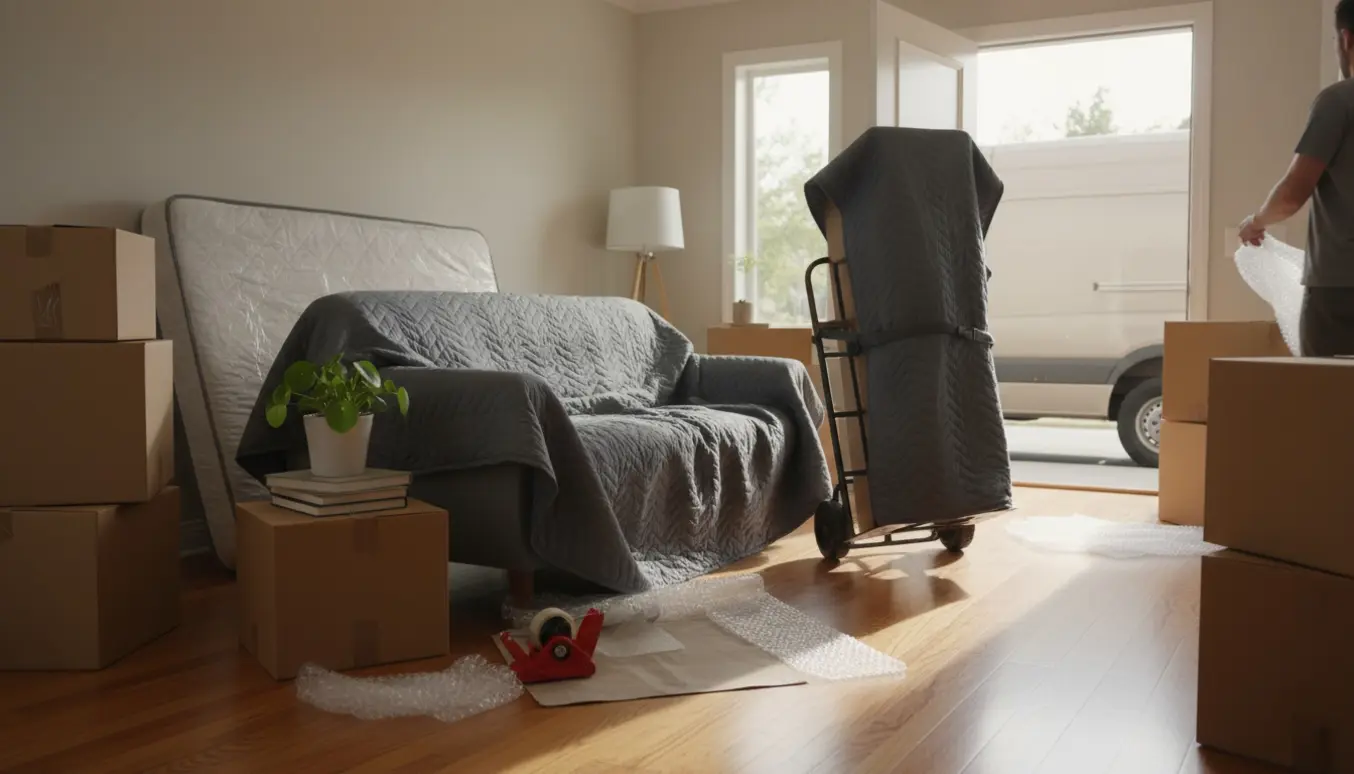 Stue midt i flytning med stablede flyttekasser, indpakkede møbler og åben varevogn uden synlig tekst.