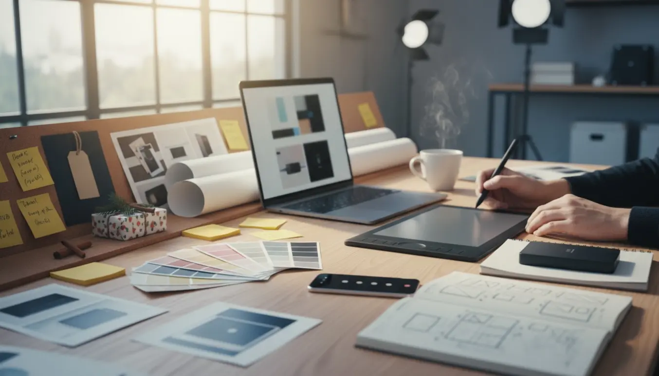 Arbejdsbord med en webdesigner, der hurtigt laver forsidesgrafik til sæsonkampagner.