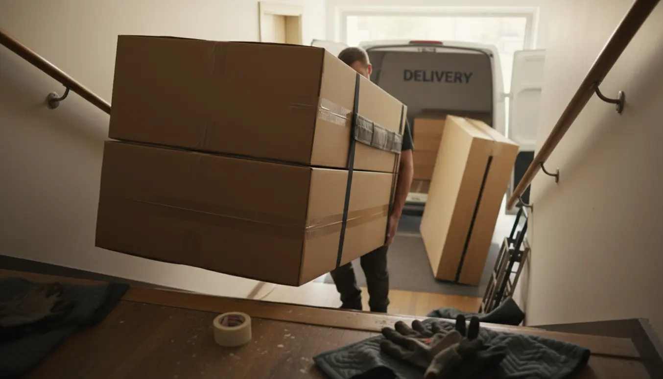 To indpakkede boxmadrasser bæres op ad en trappe ved levering.