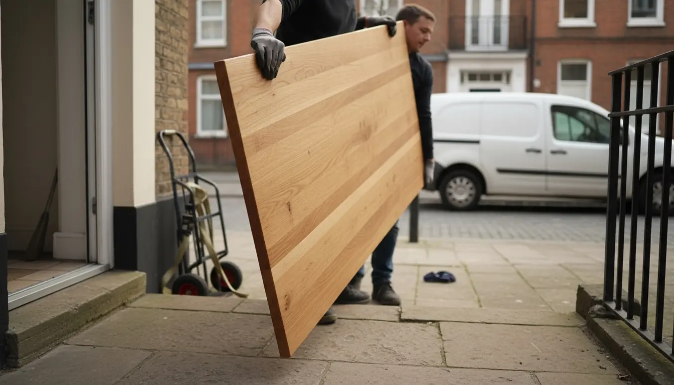 To personer bærer en bordplade uden ben over en dørtrin ved afhentning.