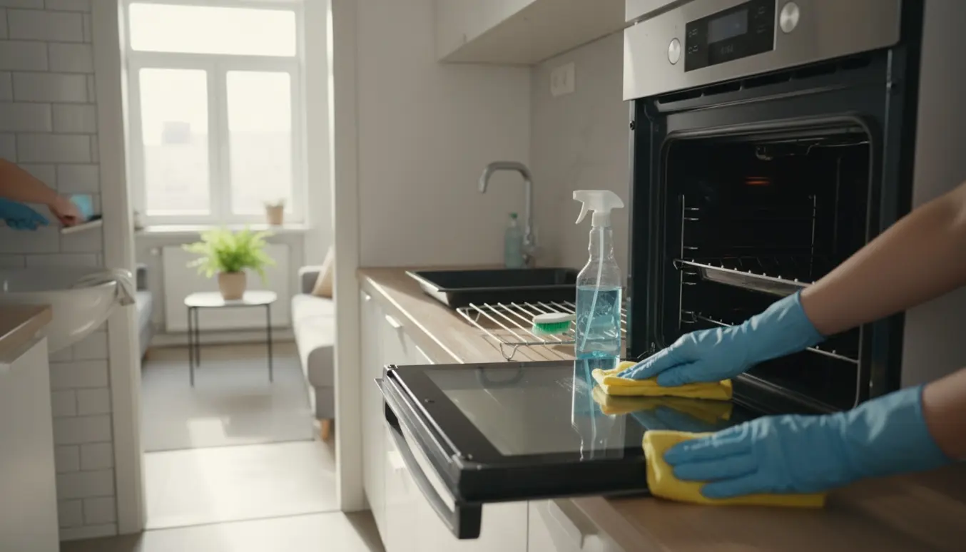 Åben ovn i en lille lejlighed, handskeafklædningshånd pudser ovnens indre, rene overflader og badeværelse i baggrunden.