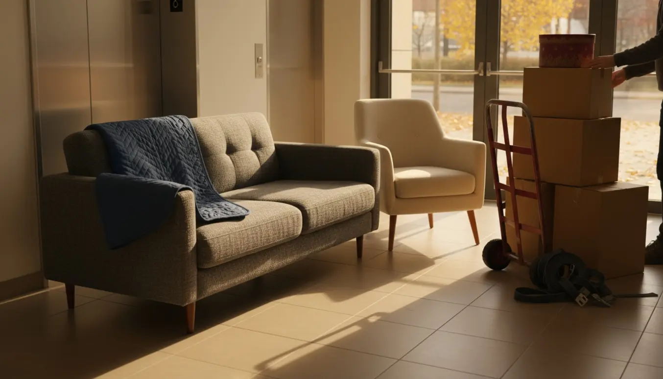 Sofa, stol og flyttekasser ved en åben elevator under en efterårs-flytning.