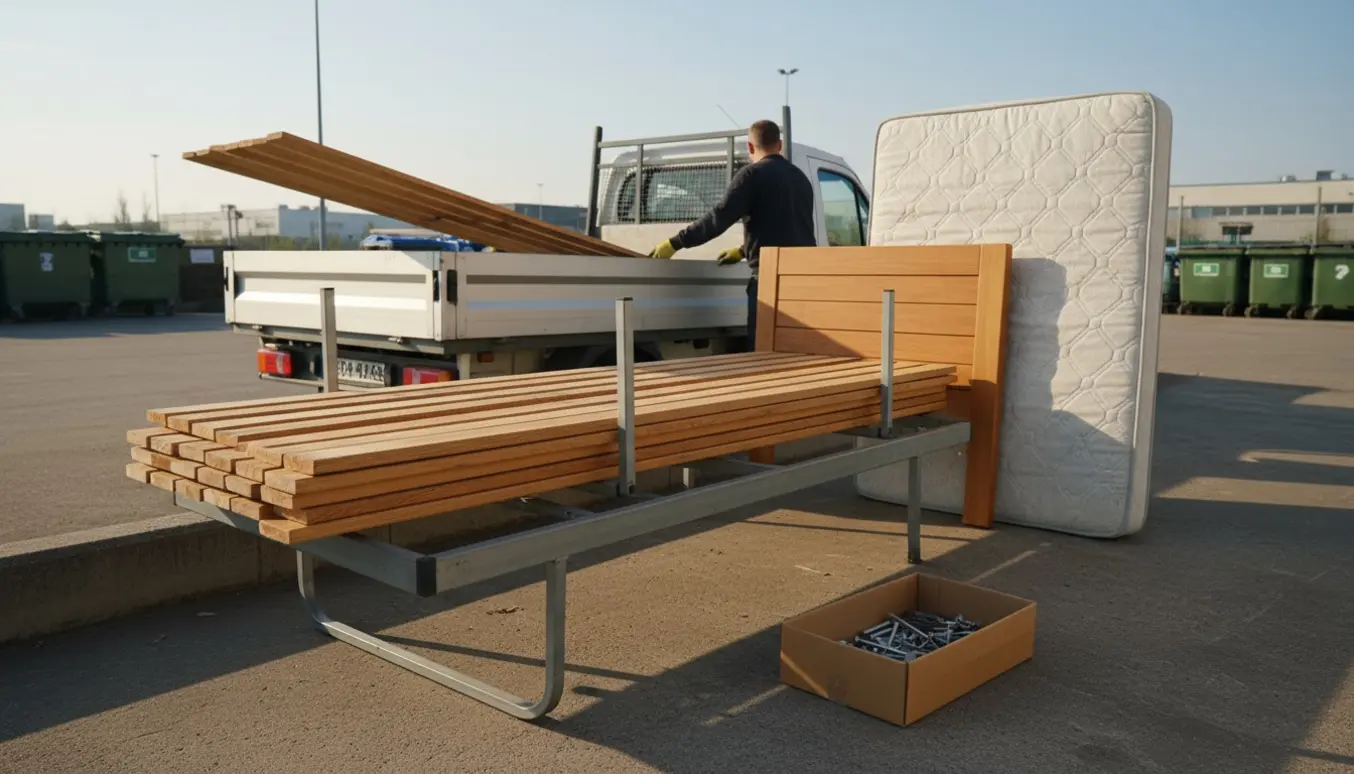 Adskilte dele af en 90x200 seng læsses ind i en varebil på en genbrugsplads.