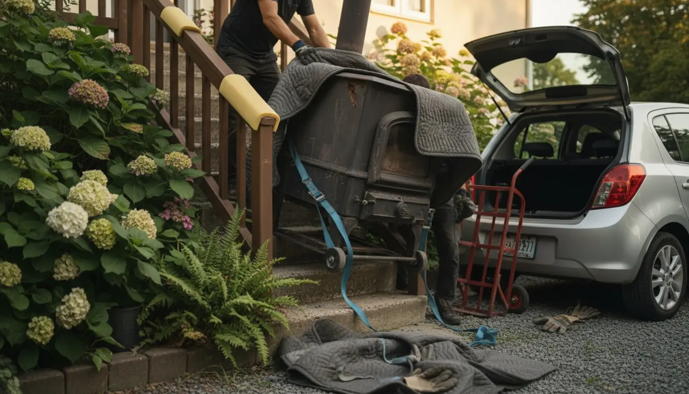 To personer bærer en tung, afmonteret støbejernsbrændeovn ned ad en smal bagtrappe mod en åben bil for afhentning.