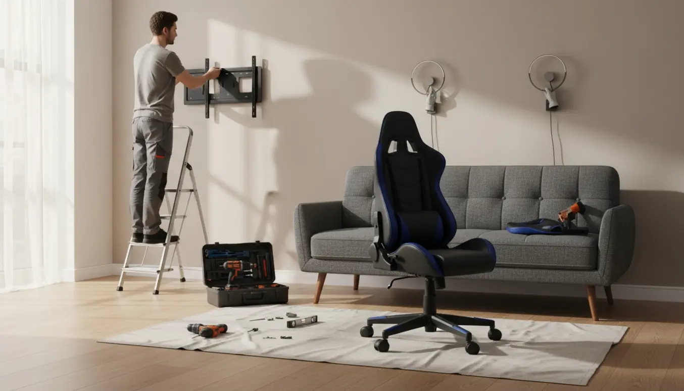 Værktøj og hænder monterer et smart-tv på væggen, to væglamper over en sofa og samler en ny gamerstol i en moderne stue.