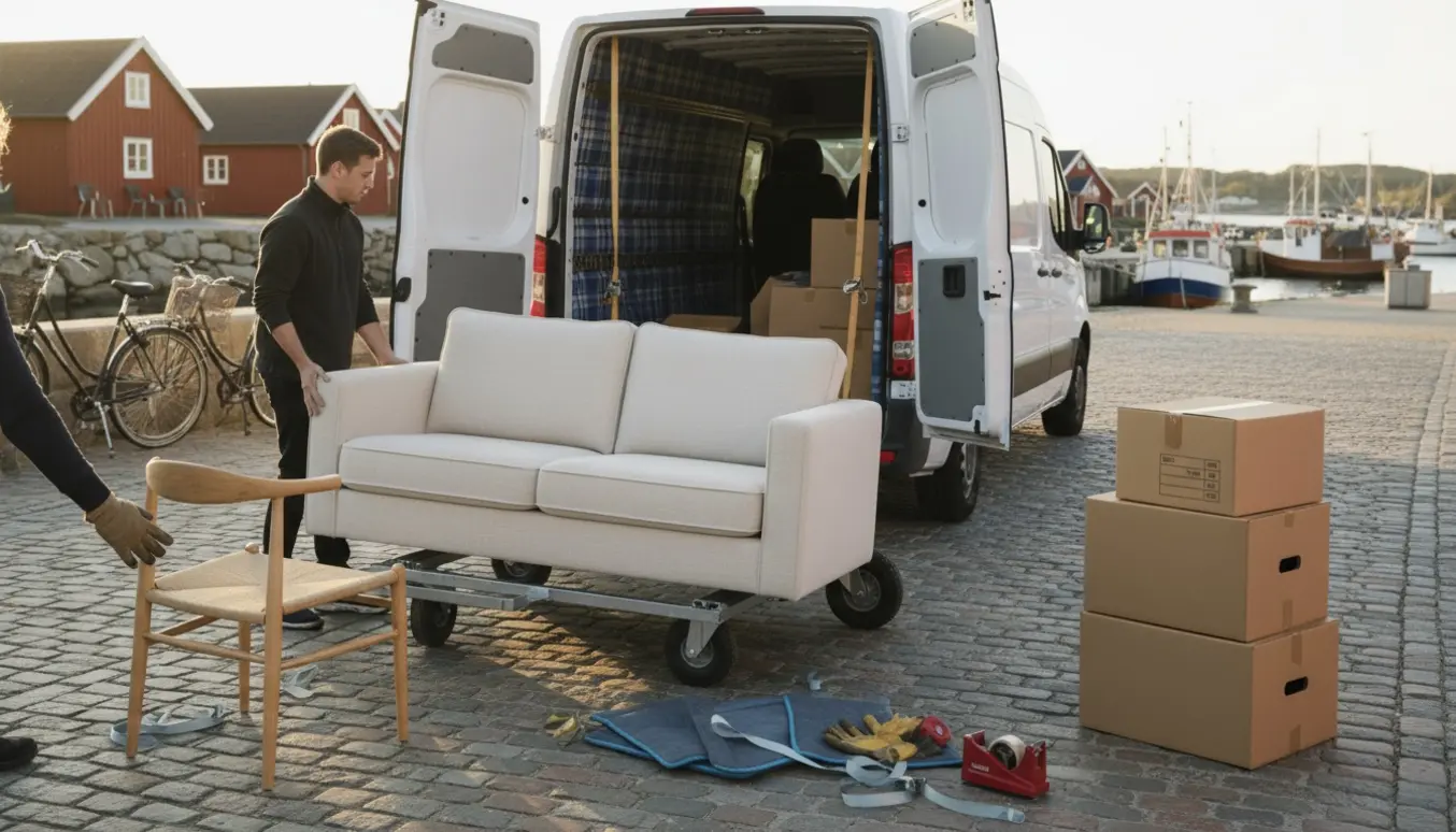 Flyttefolk læsser en sofa, en stol og 4-5 flyttekasser i en åben varevogn ved en kystby.