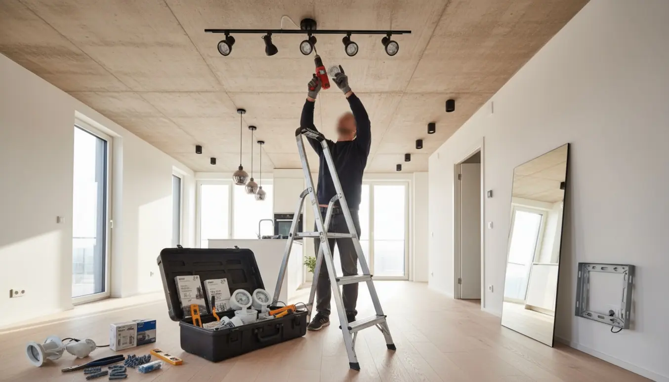 Håndværker på stige monterer loftslamper og røgalarm i en moderne lejlighed med betonloft, mens værktøj og spejl ligger klar.