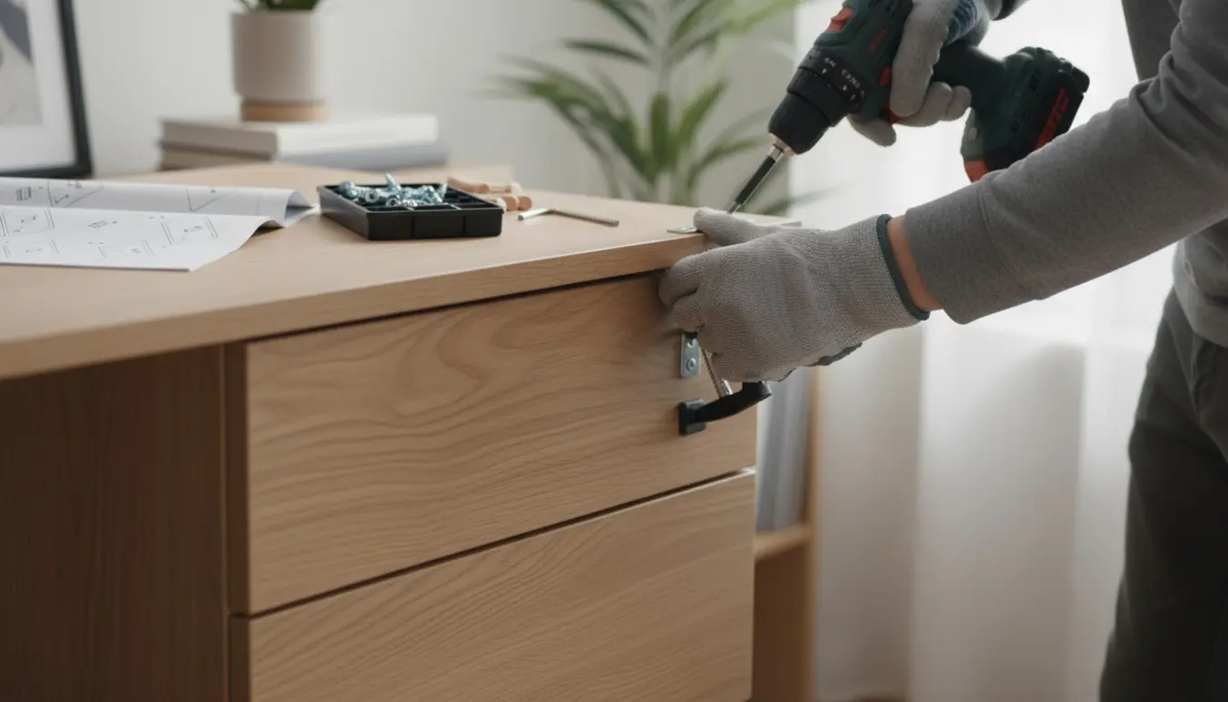 Nærbillede af hænder, der monterer en kommode til et skrivebord i et lyst, ryddeligt hjemmekontor.