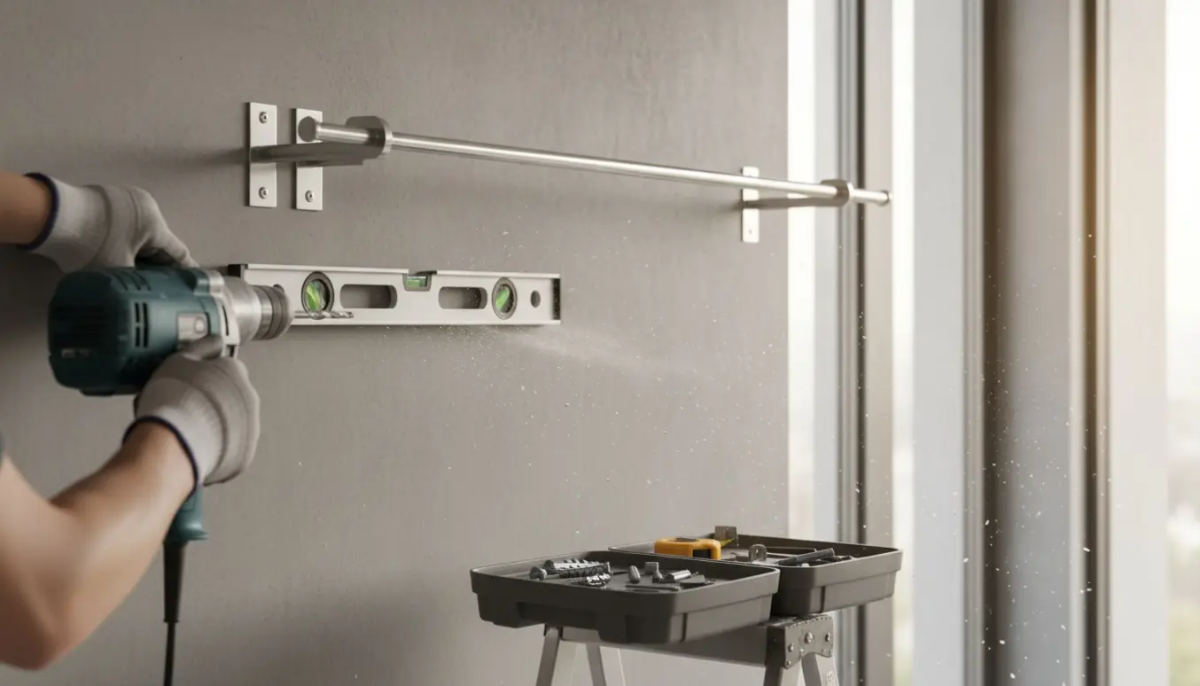 Nærbillede af opsætning af to gardinstænger i en betonvæg med værktøj og hænder i arbejde.