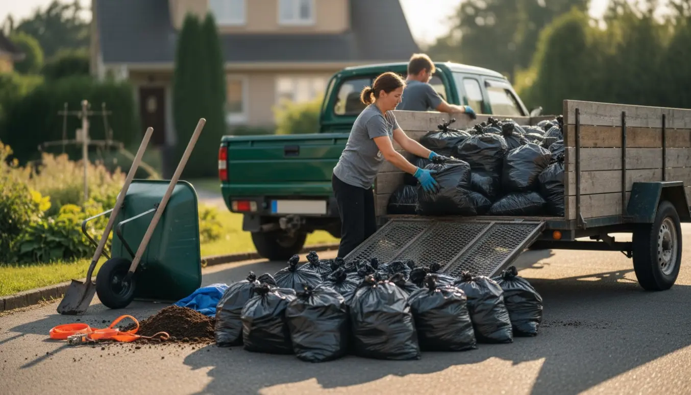 Affaldssække fyldt med jord løftes op på en lille trailer i en indkørsel.