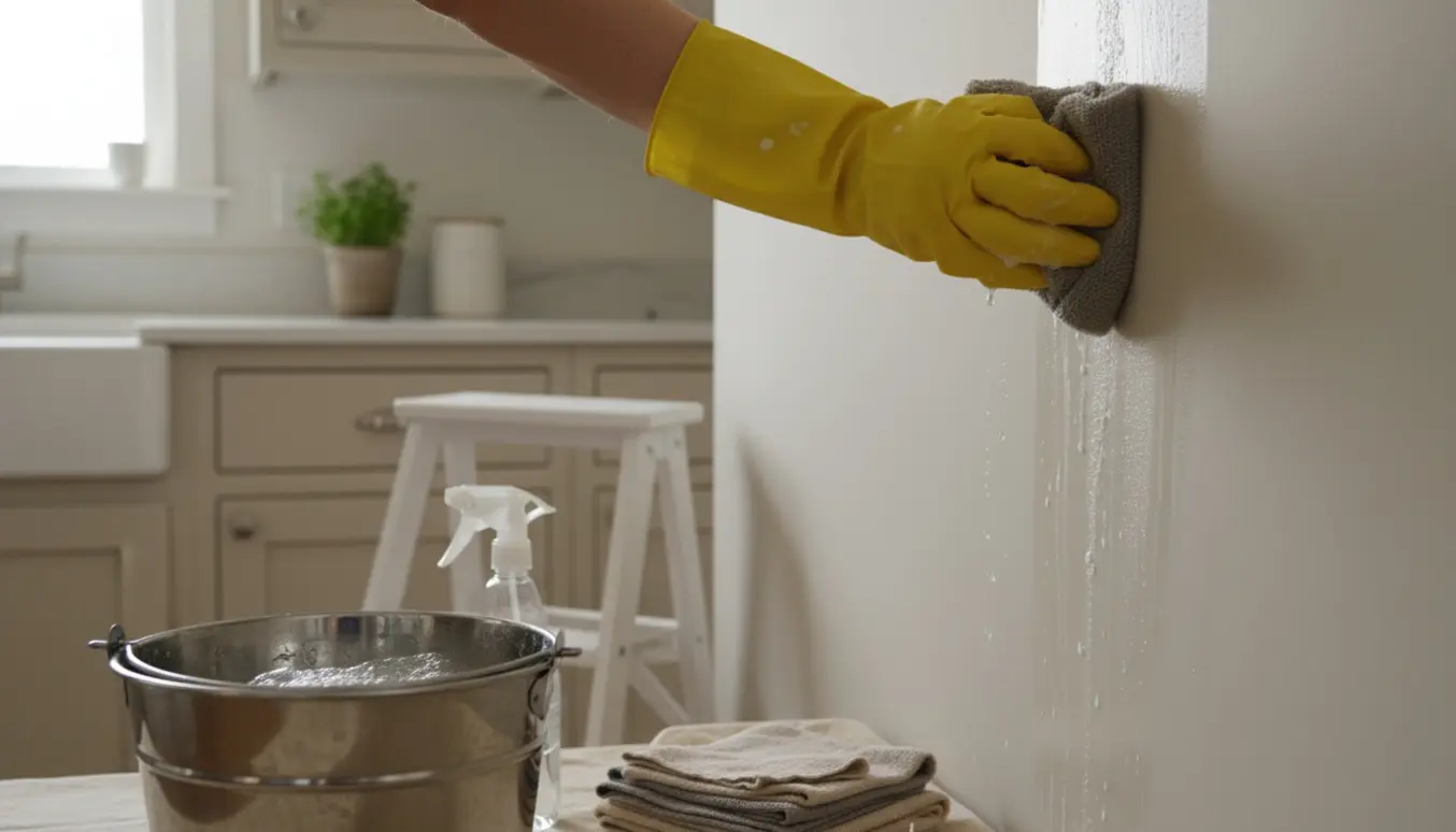 Hænder i gummihandsker vasker en væg og køkkenskabe med svamp, spand og klud.