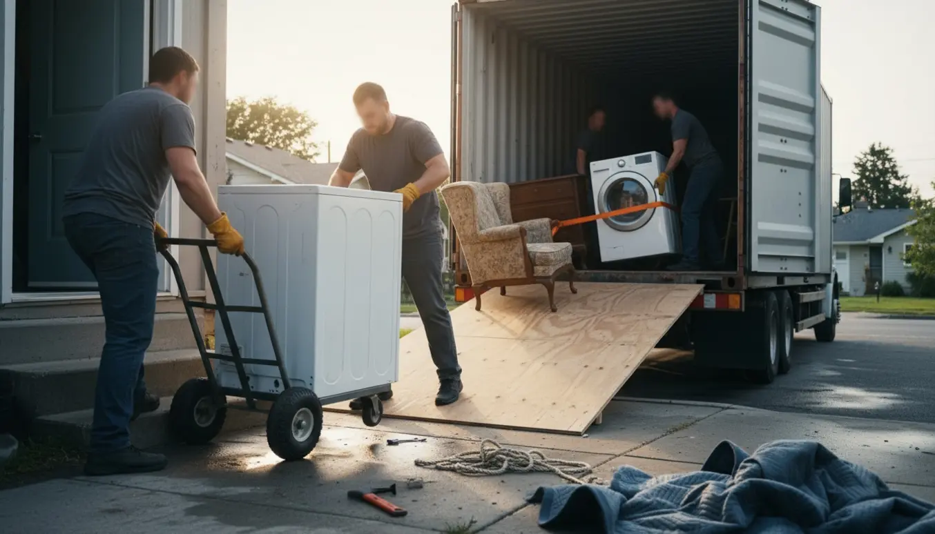 Flytning af vaskemaskine, tørretumbler og tunge møbler fra kælder op i en åben container ved vejen.