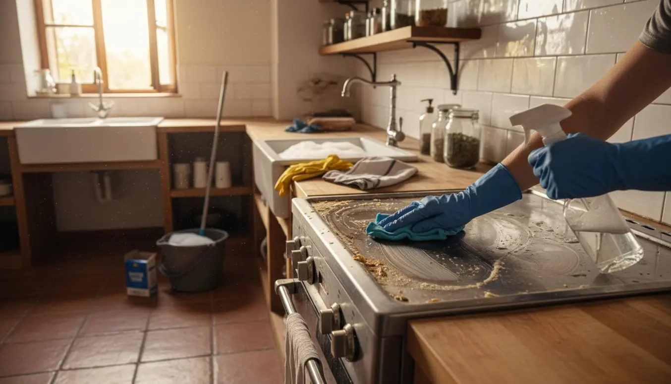 Handskerede hænder tørrer et fedtet komfur af i et solbeskinnet køkken med rengøringsmidler og spand.