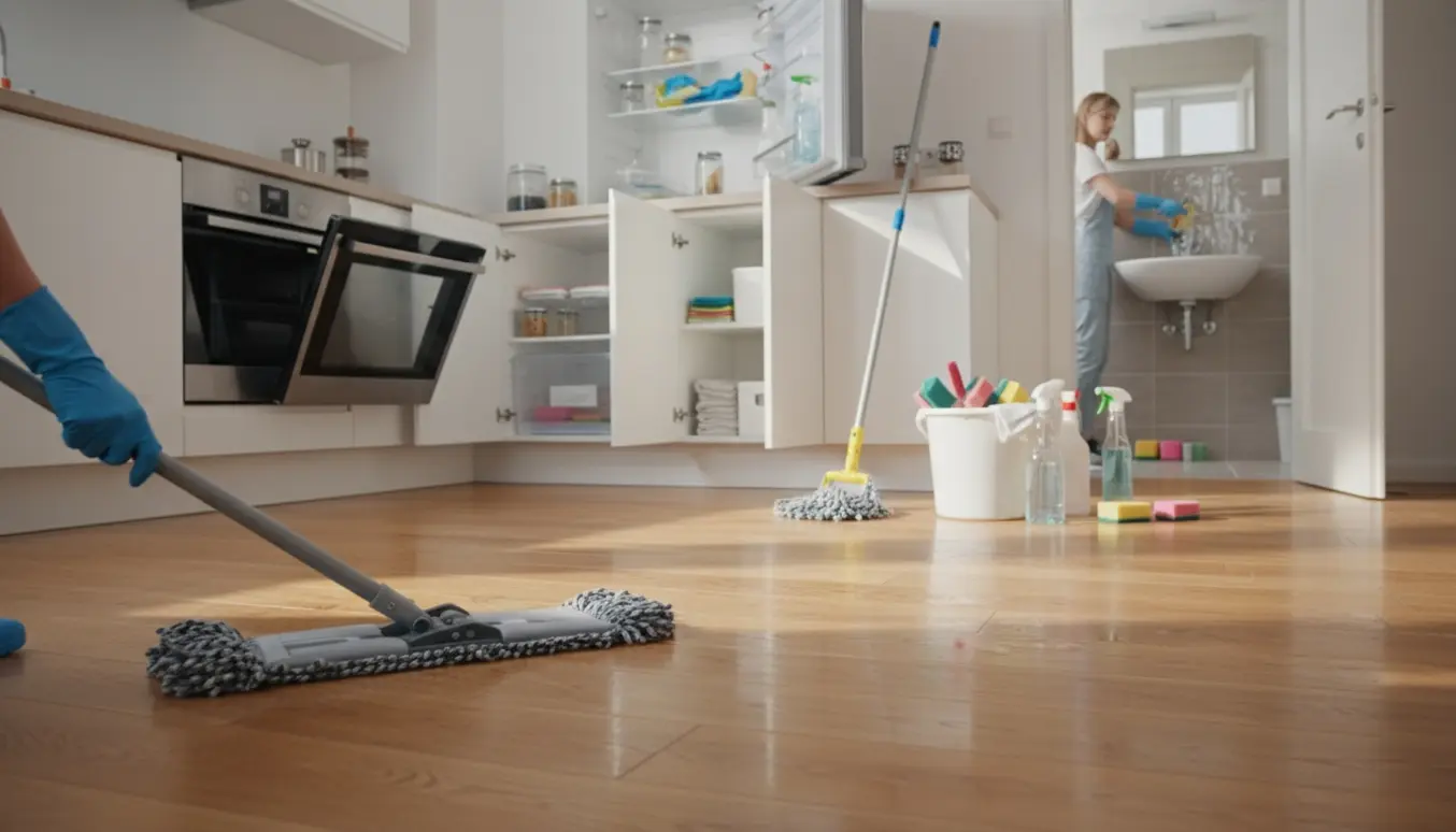 Glovede hænder vasker et lyst trægulv i en åben lejlighed med rengøringsmidler i køkkenet og afkalkning i badeværelset.