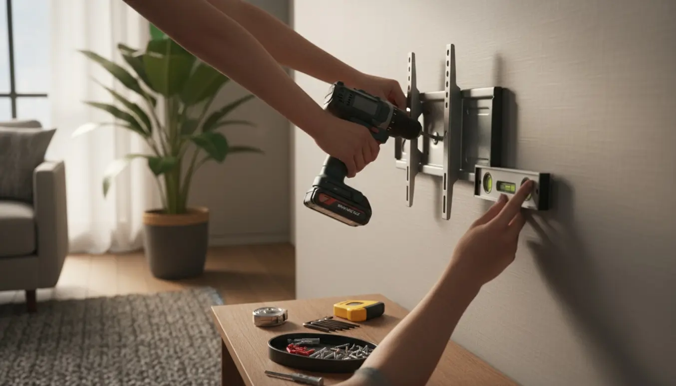 To hænder monterer et fladskærms-tv på væggen i en lys og ryddelig stue.