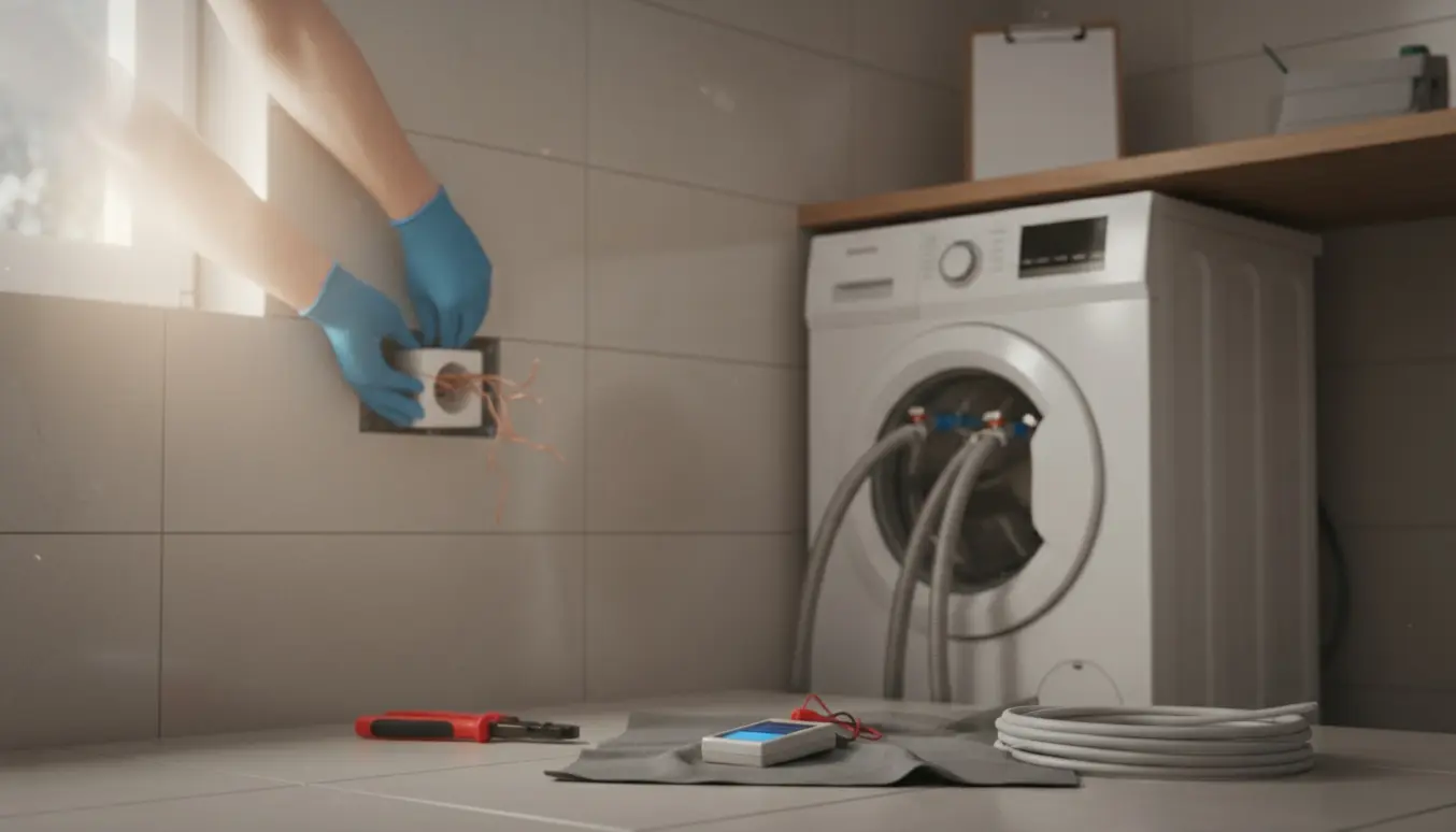 Hænder installerer en ny stikkontakt i et badeværelse ved siden af en vaskemaskine.
