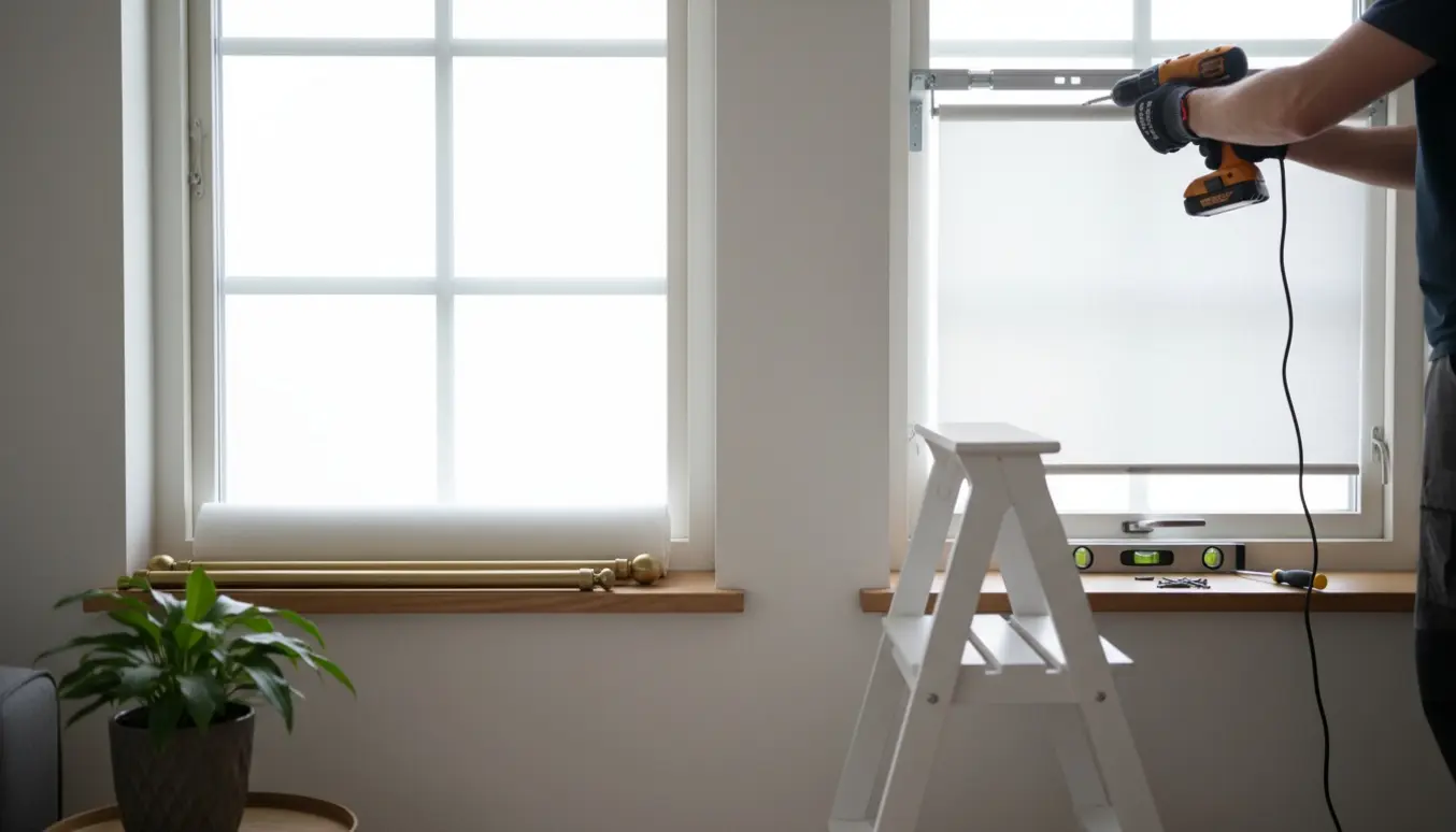 Montage af to rullegardiner og to gardinstænger ved to vinduer i en lys, skandinavisk stue.