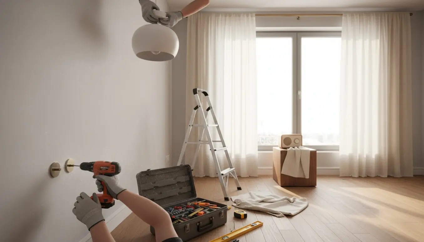 Hænder monterer gardinstang, lampe og knager i et lyst, nyindrettet hjem med værktøj på gulvet.