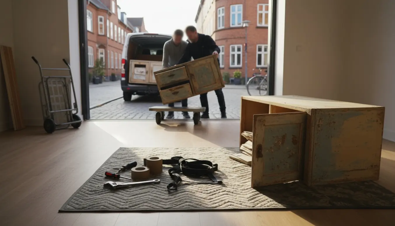 Tre gamle skabe bæres ud af en stueetage gennem en åben dør mod en brostensgade i Køge, med flytteudstyr og værktøj.