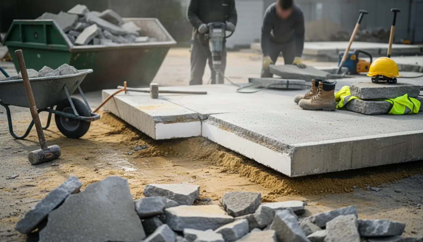 Delvist nedbrudt 80 m² betondæk hvor 20 cm tykt snit afslører sandlaget under, værktøj og byggematerialer i forgrunden.