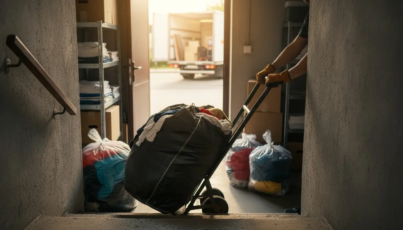 Sække med tøj bliver båret op ad kældertrappen mod dagslyset.